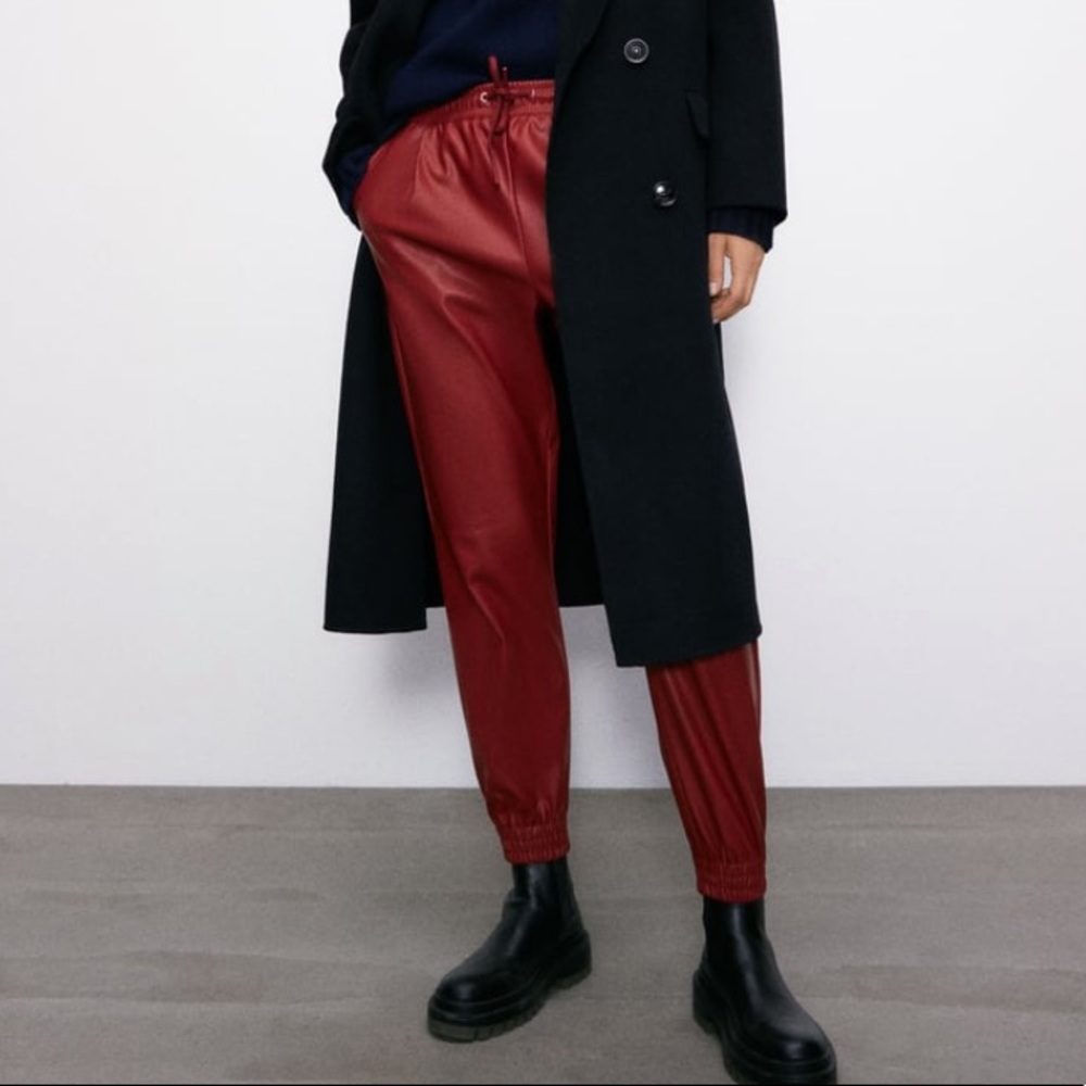 Zara Faux Leather Red Jogger Pants